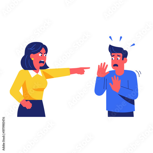 Angry Woman Accuses Scared Man, Conflict and Disagreement Concept