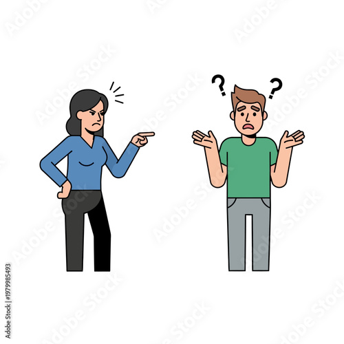 Angry Woman Accusing Confused Man, Relationship Conflict, Misunderstanding