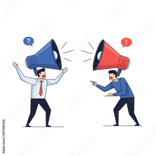 Businessmen arguing with megaphones, concept of conflict and disagreement