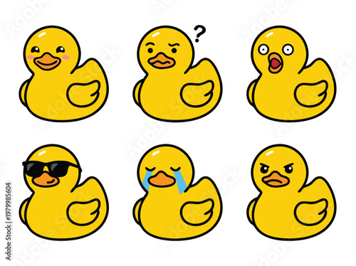 Foto Set of six cute yellow rubber duck cartoon characters with various facial expressions
