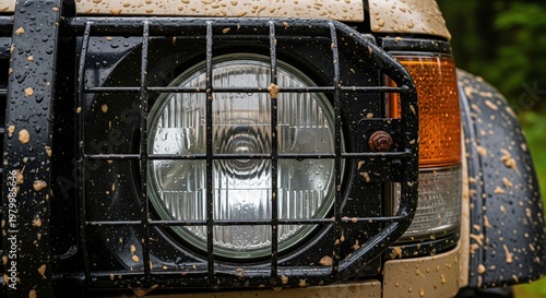 Circular headlight of off road vehicle with black protective metal grille covered in mud during forest expedition in rain