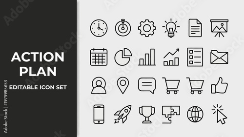 A comprehensive set of outline action plan business icons for various concepts.