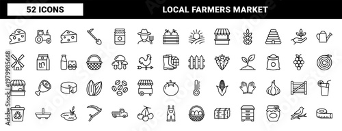 Organic agriculture and farmers market outline icons