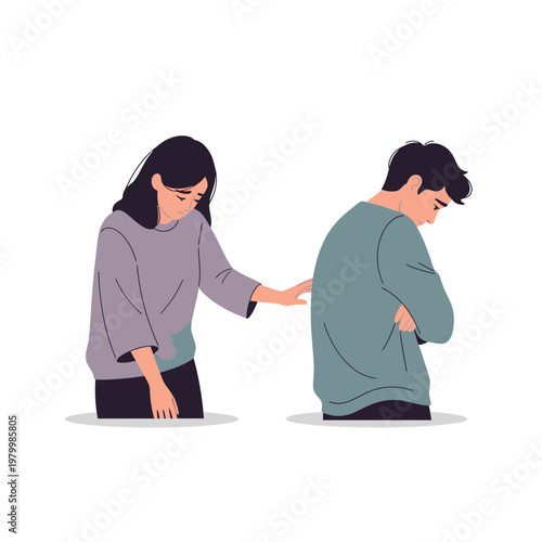 Couple conflict, woman comforts sad man, relationship problems, emotional support, flat illustration
