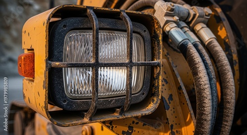 Close up heavy machinery headlight with black metal protective grill and hydraulic hoses