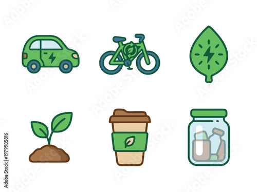 Set of six eco friendly icons featuring sustainable lifestyle elements.