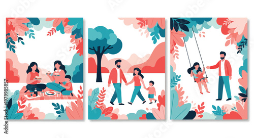 Family outdoor activities flat vector set, happy parents and children in nature park, picnic and walking scenes with floral foliage borders and trees
