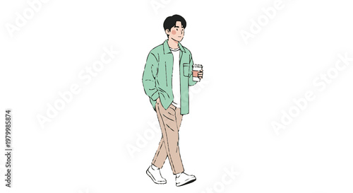 Young man walking with coffee cup isolated on white background vector