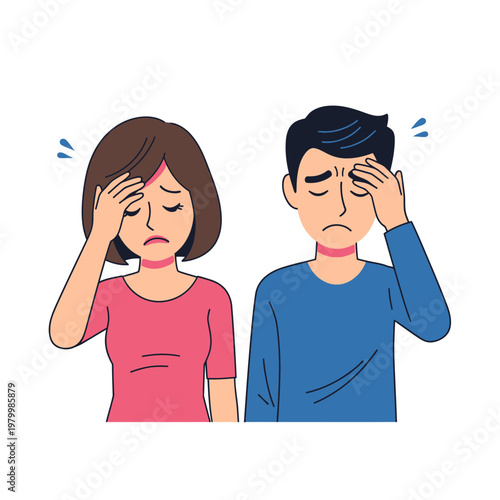 Couple suffering from headache or migraine, stress, fatigue, sickness, unwell, bad mood