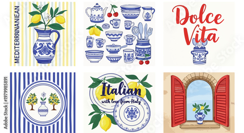 Mediterranean Italian summer vector collection, blue and white ceramic pottery with lemons, Dolce Vita lifestyle illustrations for kitchen decor