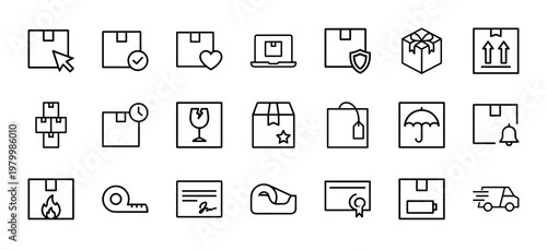 Logistics and shipping line icons for delivery tracking and e-commerce packaging