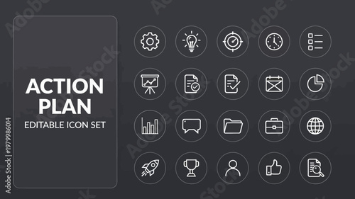 This action plan icon set showcases white outline icons enclosed within circular shapes on a dark grey background.
