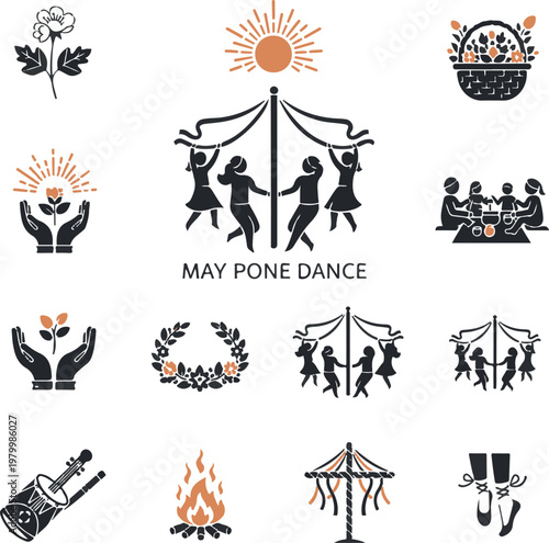 Maypole Dance and Spring Festival Icon Set: Traditional May Day Celebration Vectors