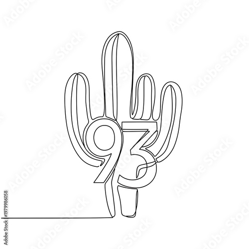 Single Line Art Cactus with Number 93 - Minimalist Desert Plant Design