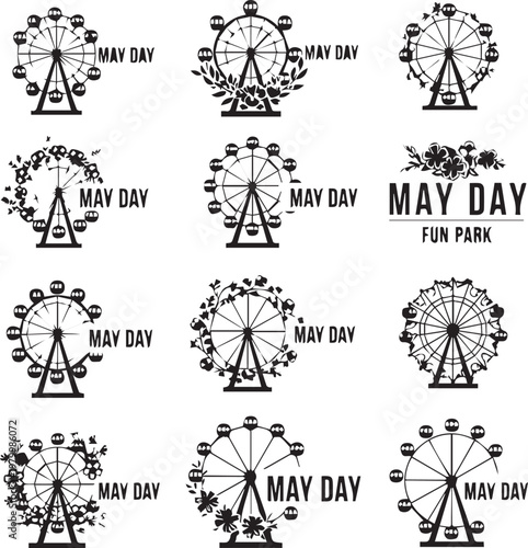May Day Fun Park Logo Set: Ferris Wheel and Floral Vector Illustrations