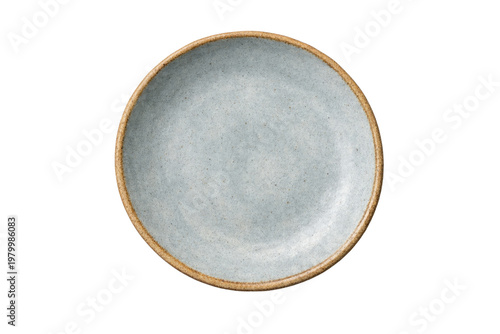 Rustic ceramic plate with blue speckled glaze, handmade stoneware dinnerware for food photography, round textured porcelain dish with brown rim isolated PNG with Transparent Background