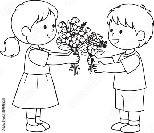 Children with Flowers Coloring Page: Cute Boy and Girl Holding Bouquets Vector
