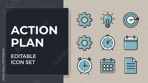 A colorful action plan icon set uses light blue fill on a muted light gray background.