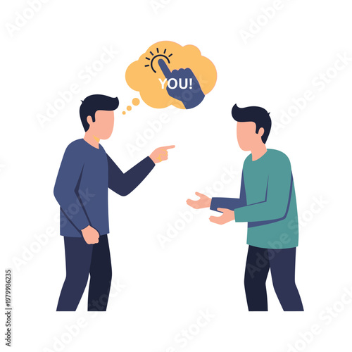 Man pointing at another man, accusing or blaming, thought bubble with 'YOU!'