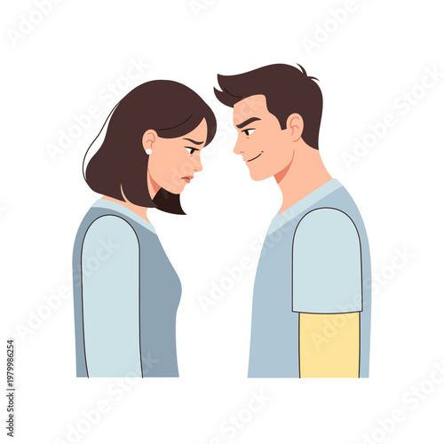 Man smirking at sad woman, relationship conflict, emotional confrontation, couple disagreement