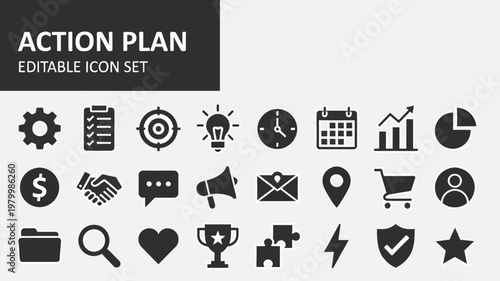 A comprehensive set of solid black glyph action plan icons is displayed on a white background.