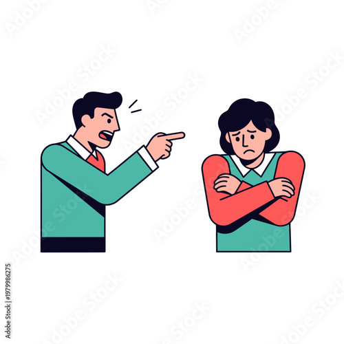 Man yelling and pointing finger at woman with arms crossed, conflict illustration
