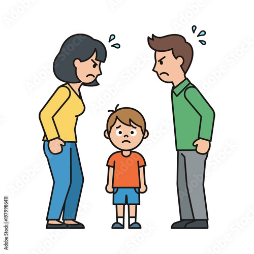 Sad child between arguing parents, family conflict illustration, domestic dispute, stress