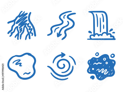 Set of six hand drawn water and nature elements icons.
