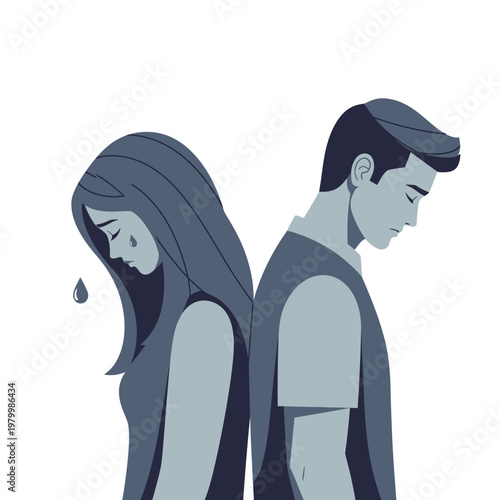 Sad couple back to back, woman crying, relationship breakdown, emotional pain, separation concept