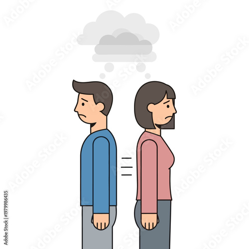 Sad couple back to back, relationship problems, communication breakdown, abstract thought cloud
