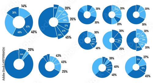 Collection of various blue pie charts.