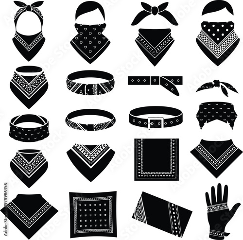 Bandana silhouette illustration featuring head, neck, wrist, and accessory styles symbolizing fashion, versatility, and decorative design projects