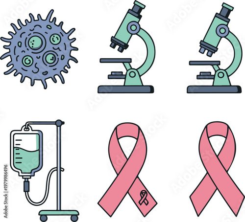 Medical Research and Cancer Awareness Icon Set: Microscope, IV Drip, and Pink Ribbon
