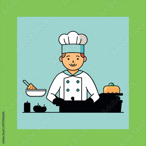 Head chefs in a white uniform researching new gourmet recipes on a laptop