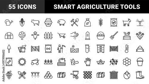 Smart farming and agriculture line icons with tractor, animals, and garden tools.