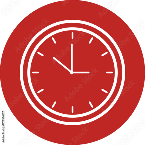 Red circular clock with white outline and hands on white background, circle