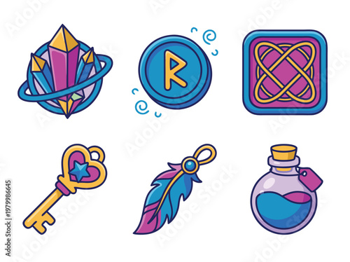 Set of six magical fantasy items and mystic symbols illustration.