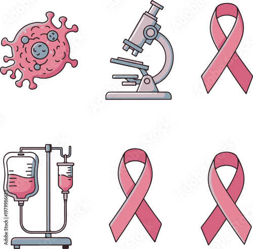 Cancer Awareness and Medical Research Icon Set: Pink Ribbon and Laboratory Vectors