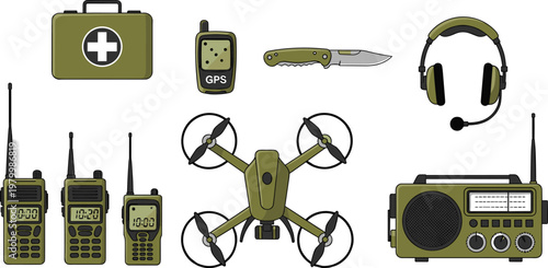 Military Equipment and Communication Gear Vector Set, Tactical Drone Radio GPS Knife Headset First Aid Kit Icons, Army Technology Illustration Collection
