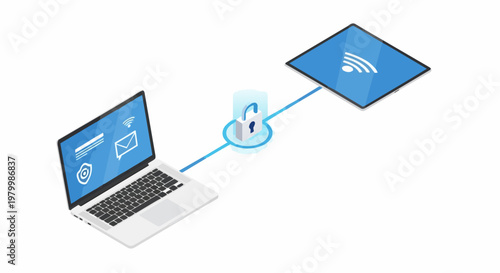 Secure Data Transfer and Cybersecurity Concept with Isometric Laptop, Tablet, and Padlock Icon Representing Encrypted Connection and Privacy