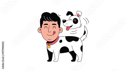 Humorous composite illustration features a man head on a dalmatian dog body with another happy dog wagging its tail behind it.