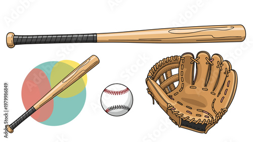Set of baseball equipment including two wooden bats a white ball with red stitching and a leather mitt for sports activities.