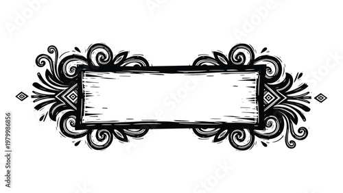 Decorative vintage frame with black ink floral scrolls and wooden plank texture provides a classic and rustic design element.