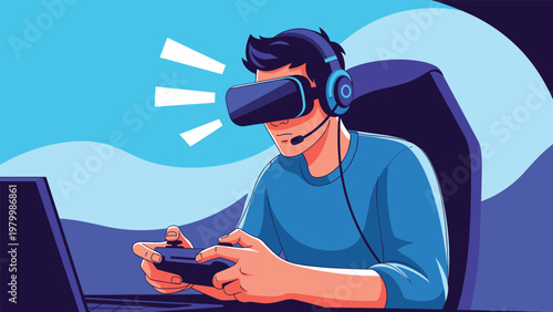 Young man immersed in virtual reality gaming uses a headset and controller while sitting in a professional gaming chair set.