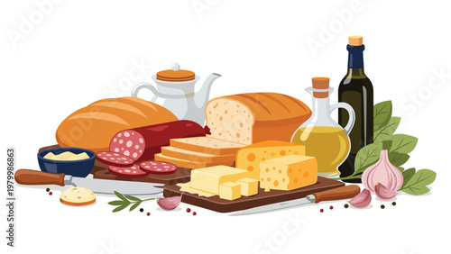 Delicious deli assortment features fresh bread loaves sliced salami cheese blocks olive oil and garlic cloves for food display.