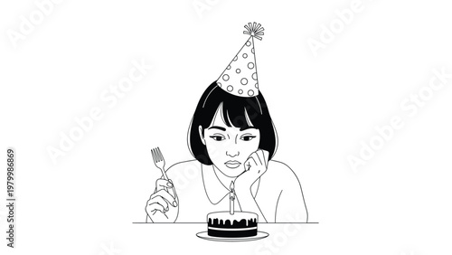 Sad young woman in party hat stares at a small birthday cake with one candle expressing loneliness or disappointment on her day.