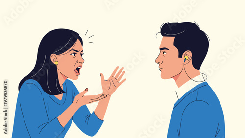 Angry woman shouts and gestures at a calm man wearing earphones who seems to ignore her during a heated argument scenario.