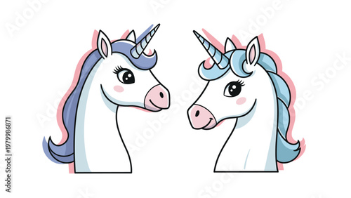 Two majestic unicorn heads face each other with colorful manes and spiraled horns in a magical and whimsical illustration style.