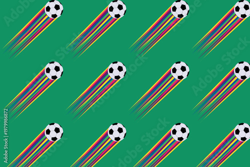 Vector seamless pattern with flying soccer balls with bright trails on a green background.