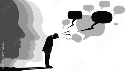 Silhouette of a man bows his head under pressure as numerous speech bubbles represent overwhelming thoughts or social criticism.